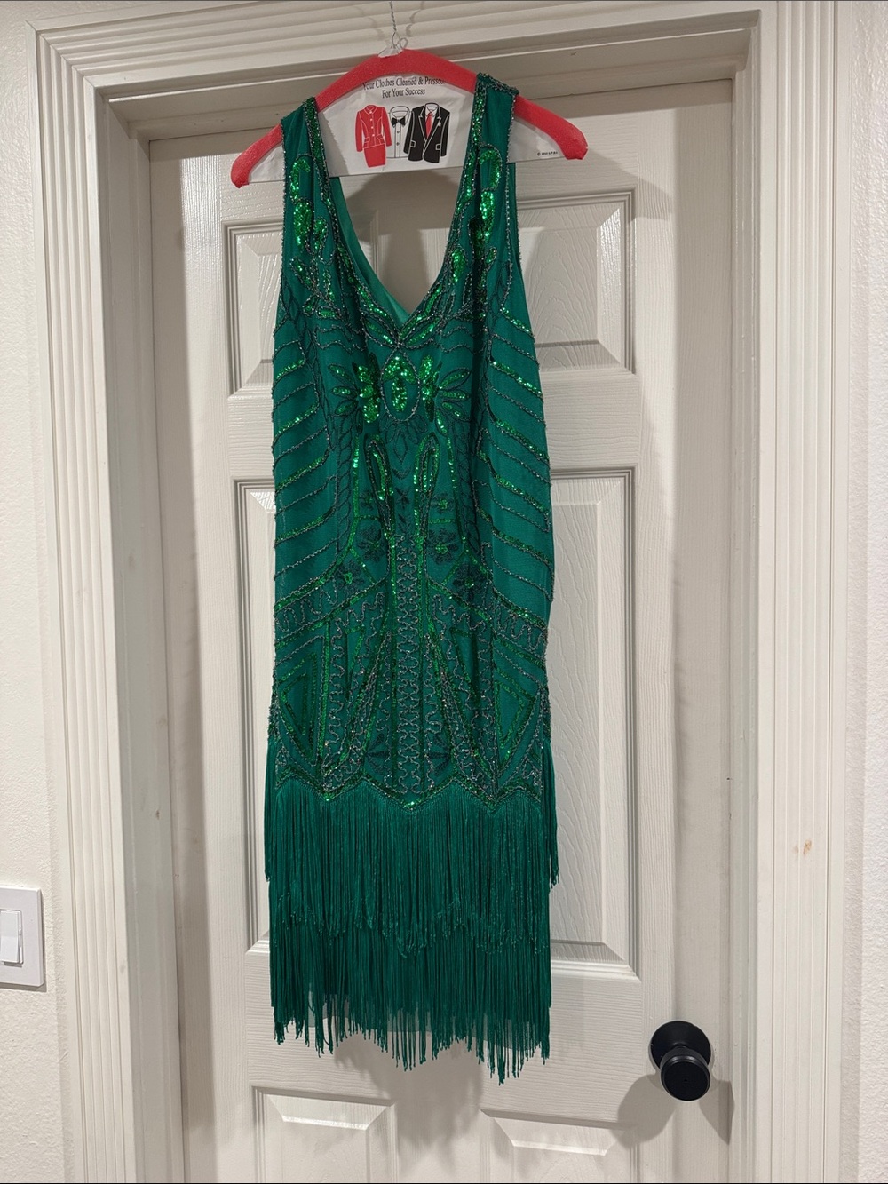 Green Beaded Fringe Mini Dress - Sleeveless V-Neck